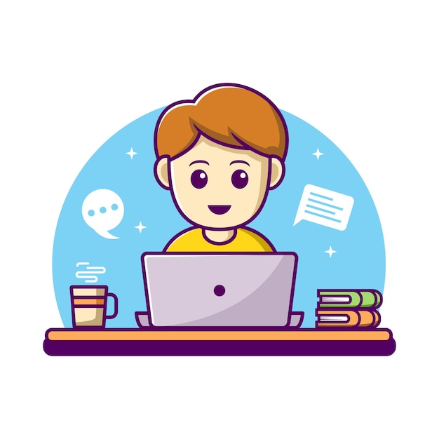 Mann, der an laptop-karikaturillustration arbeitet