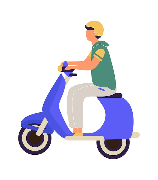 Mann, der auf dem motorrad fährt cartoon-teenager mit helm, der roller fährt städtisches elektrofahrzeug seitenansicht des mannes mit motorrad isolierter fahrer, der sich in der vektorillustration der stadt bewegt