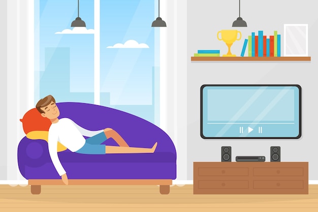 Mann, der auf dem Sofa vor dem Fernseher schläft