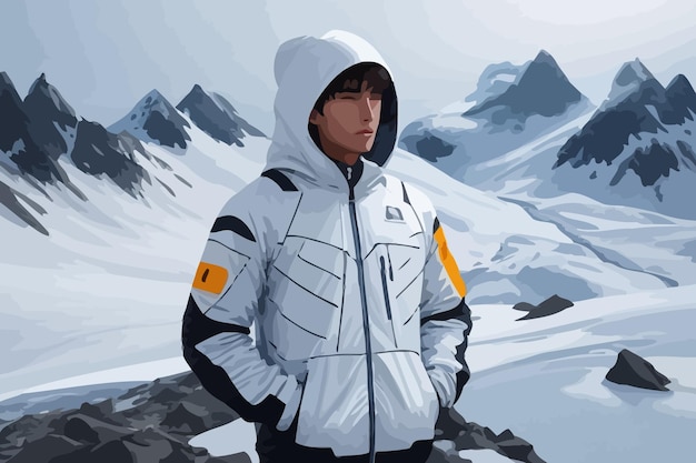 Vektor mann, der diesen polar-hoodie auf berg-eis-kälte-illustration benutzt