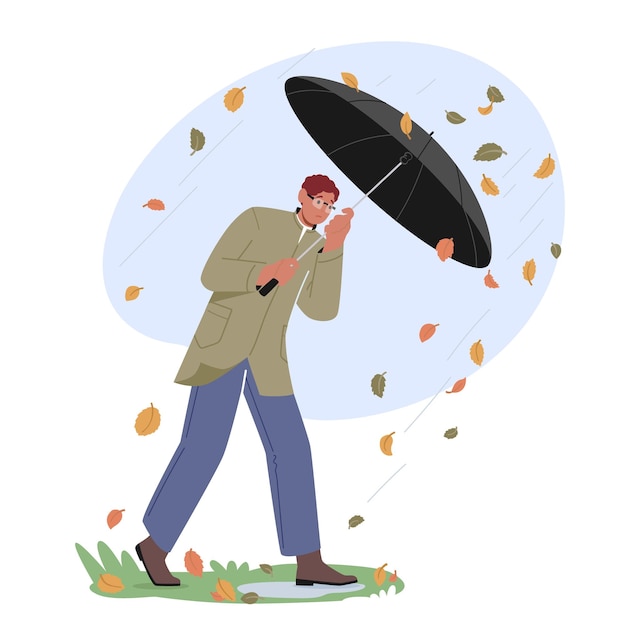 Vektor mann, der einen regenschirm hält, der vor regen, wind und fallenden blättern schützt charakter kämpft mit gewitter herbstwetter
