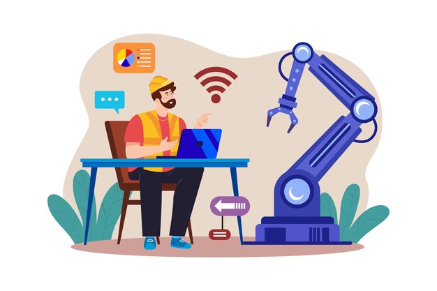 Mann, der Fabrikroboter mit Laptop steuert