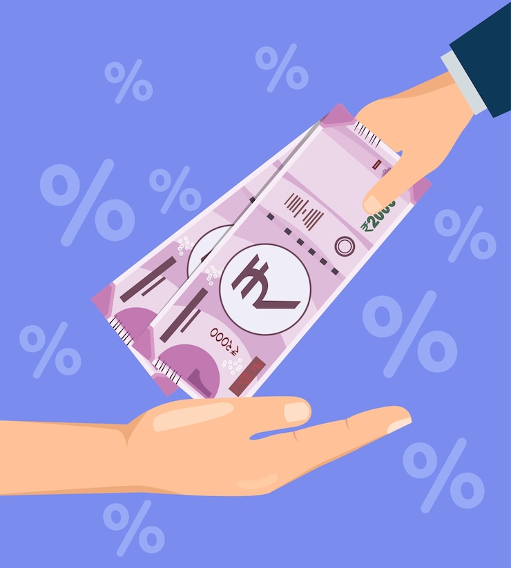 Vektor mann, der geld an andere person zahlt, darlehensgeschäftskonzeptillustration, banknote der indischen rupie.