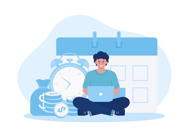 Mann, der Geld auf dem Laptop zählt, trendiges Konzept, flache Illustration