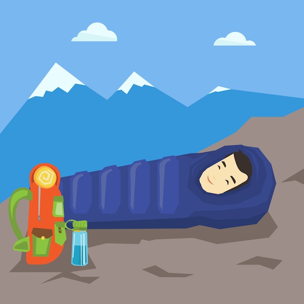 Vektor mann, der im schlafsack in den bergen schläft.