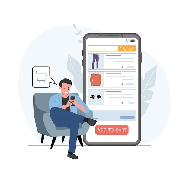 Mann, der kleidung im online-shop über smartphone bestellt vektorillustration