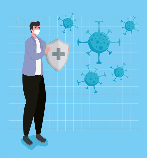 Mann, der medizinische maske hebt schild und partikel immunsystem illustration trägt