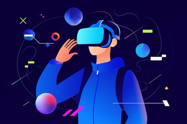 Mann, der Metaverse-virtuelle Realität mit vr-Brillenplaneten und -universum im Hintergrundvektor spielt