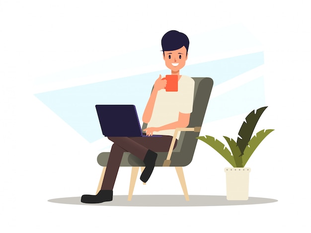 Mann, der mit einem freiberuflichen Job des Laptops arbeitet.