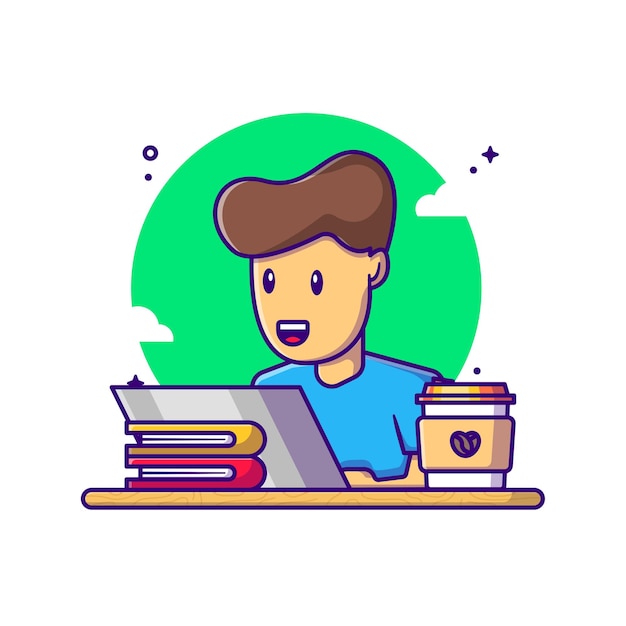 Mann, der mit Laptop-Karikatur-Illustration arbeitet. Tag der Arbeit Konzept Weiß isoliert. Flacher Cartoon-Stil