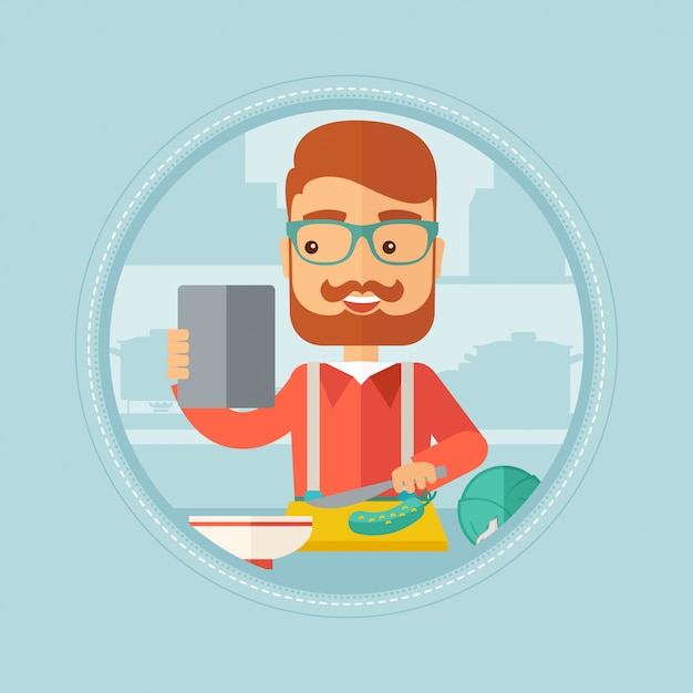 Mann, der nach Salatrezept in der digitalen Tablette sucht