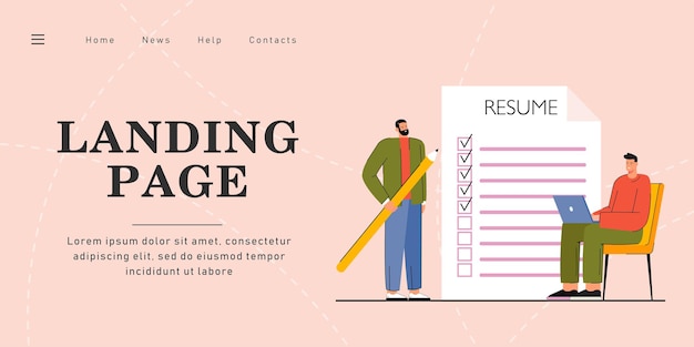 Mann, der sich um Jobvektorillustration bewirbt. Mann mit Bleistiftstrichpunkten im Lebenslauf, ein anderer Mann mit Laptop, der ihn online interviewt. Jobsuche-Konzept für Banner, Website-Design oder Zielseite
