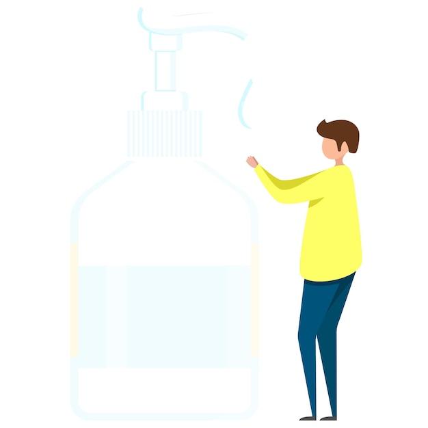 Mann desinfiziert hände, händedesinfektionsmittel, desinfektionsmittel, handseife, bakterien- und keimbehandlung für die hände, isolierte flasche mit handentfetter. vektor-illustration