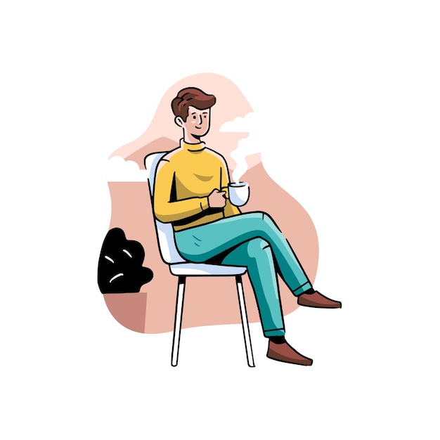 Mann entspannt sich auf einem stuhl und hält eine tasse tee, handgezeichnete vektorillustration für die psychische gesundheit