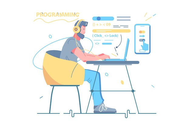 Vektor mann-entwickler-codierung und chat durch laptop-vektor-illustration. guy freelancer und programmcode im flachen stil. programmierung, website-codierung, entwicklerkonzept. isoliert auf weißem hintergrund