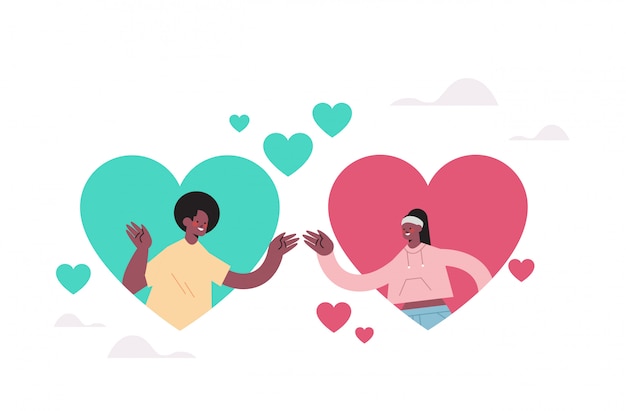 Mann frau chatten in online-dating-app paar in bunten herzen finden ihre liebe soziale beziehung kommunikationskonzept porträt horizontale illustration