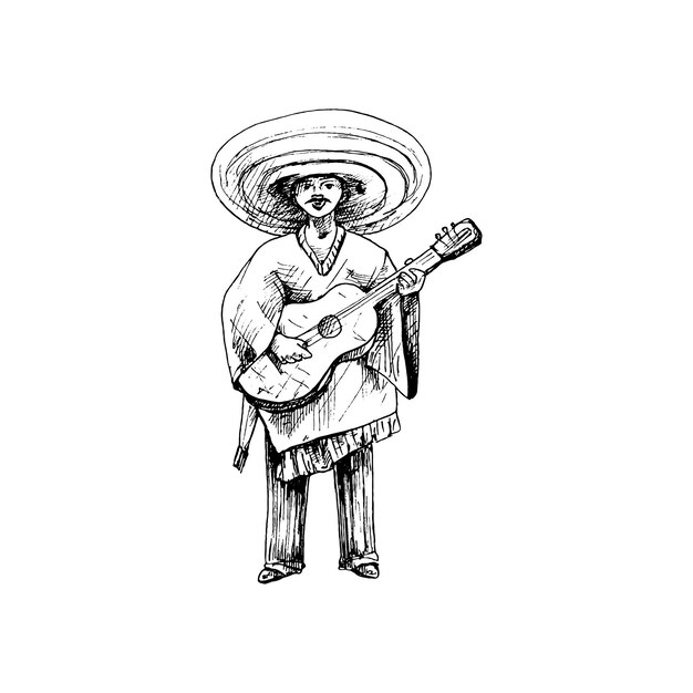 Mann gekleidet traditioneller mexikanischer Poncho und Sombrero, die Gitarre spielen Vintage-Vektor-Schraffur