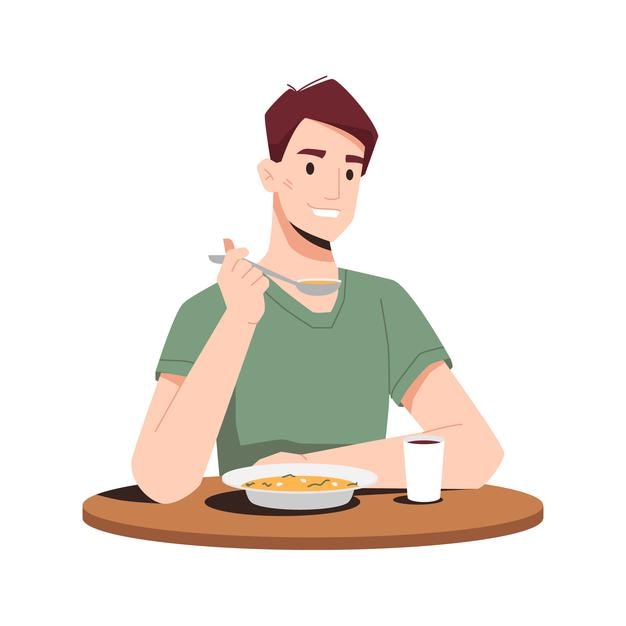 Mann genießen Abendessen essen Suppe mit Löffel Saft im Glas