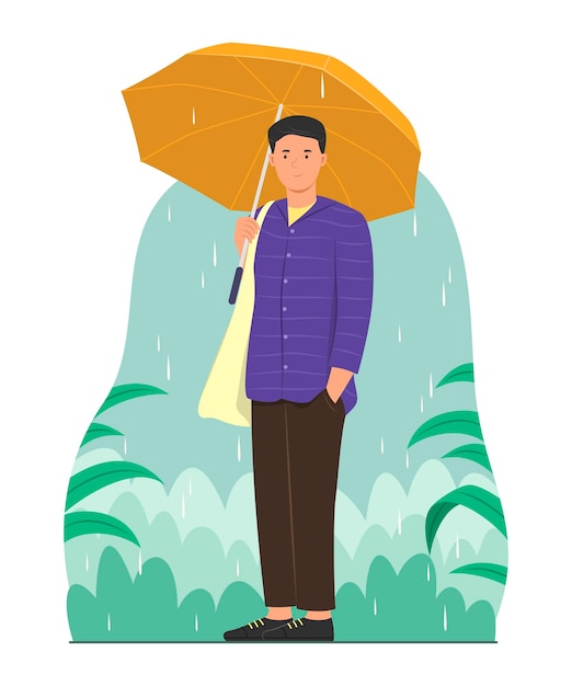 Mann hält Regenschirm und genießt das Leben im Freien im Regen