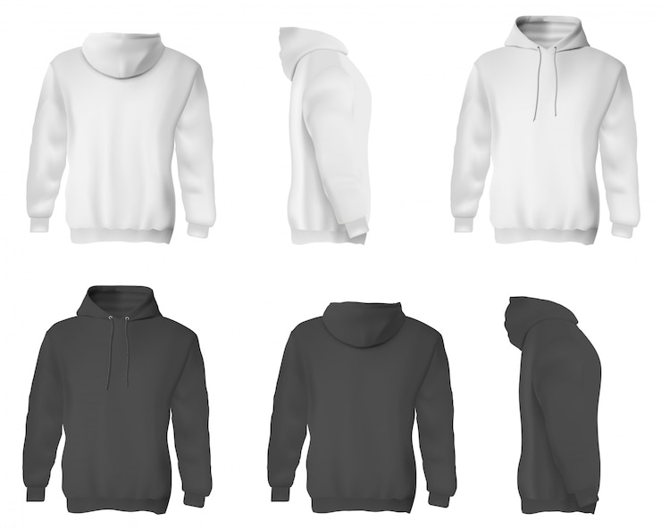 Vektor mann hoodie. schwarze und weiße leere männliche sweatshirts mit kapuze gesetzt.