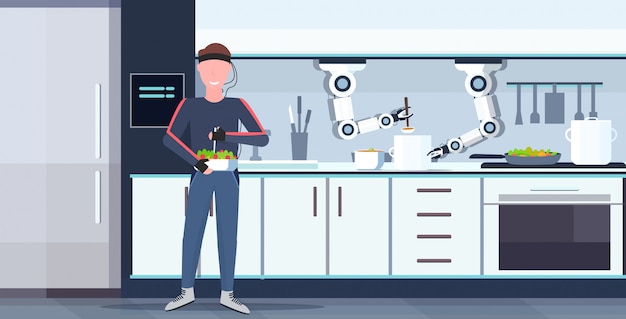 Mann humanoid mit drähten elektroden indikatoren steuerung intelligenten handlichen koch roboter vorbereitung lebensmittel roboter assistent innovation künstliche intelligenz konzept moderne küche interieur horizontal