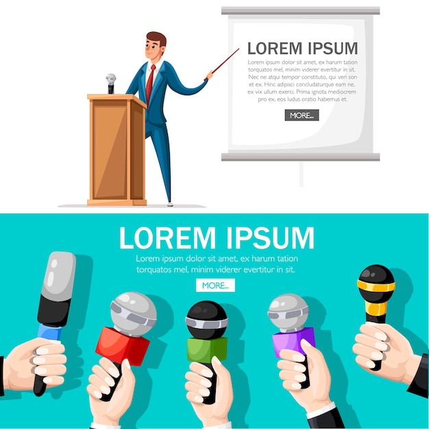 Mann im Anzug steht an hölzerner Tribüne mit Mikrofon. Präsentieren mit Rede. Charakter. Illustration auf weißem Hintergrund. Website-Seite und mobile App.