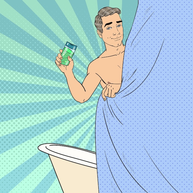 Mann im badezimmer, das duschgel hält