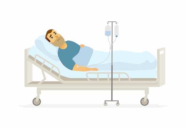 Mann im Krankenhaus auf einem Tropf - Zeichentrickfilm-Figurenillustration auf weißem Hintergrund. Ein junger Mensch liegt in einem Bett mit einem Infusor. Medizin, Gesundheitswesen Thema