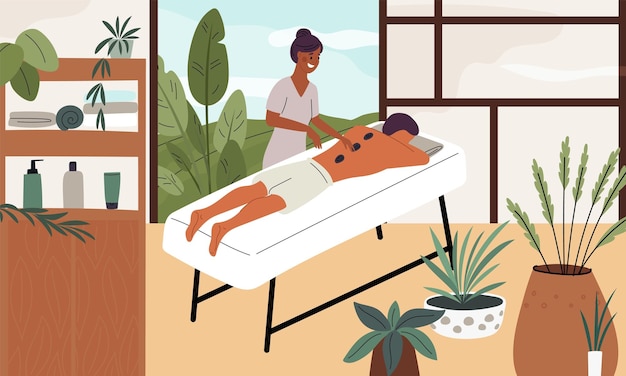 Mann im Schönheitssalon Professioneller Massagetherapeut arbeitet mit dem Kunden Entspannung Hot Stone Spa-Therapie Wellness oder Hautpflege Kosmetik Verfahren Männliche Entspannungen Garish Vektorkonzept