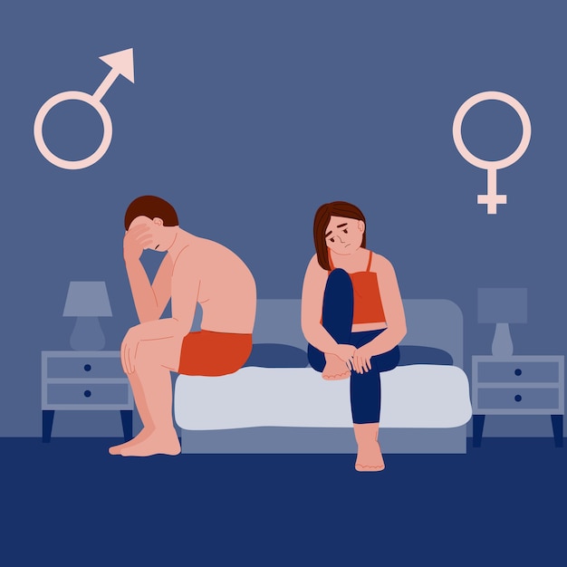 Mann Impotenz und erektile Dysfunktion traurige Frau und Mann im Bett nachts nach schlechtem Sex Prostatitis
