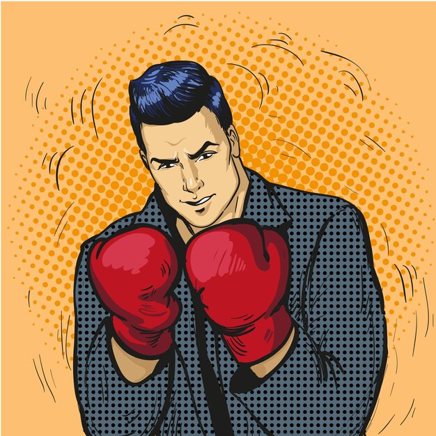 Mann in Boxhandschuhen Vektorillustration im Comic-Pop-Art-Stil Geschäftsmann bereit zu kämpfen und sein Geschäftskonzept zu schützen