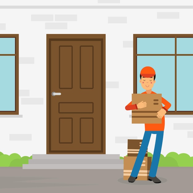 Mann in Uniform mit Kartonkiste als Liefer- und Umzugsdienstvektor-Illustration