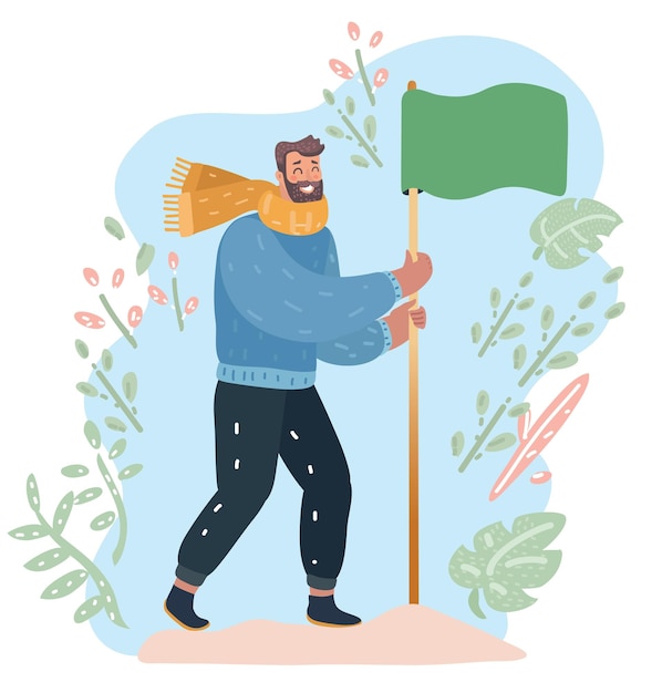 Vektor mann in warmer kleidung und schal pflanzt eine leere grüne flagge. der sieger drückt die flagge in den boden. erfolgskonzept. vektor-cartoon-illustration im modernen konzept