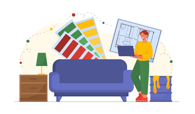 Mann Innenarchitekt junger Mann mit Laptop wählt Farbpaletten und Möbel Kreativität und Kunst