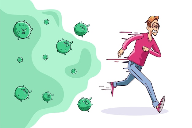 Vektor mann läuft weg von coronavirus-partikeln