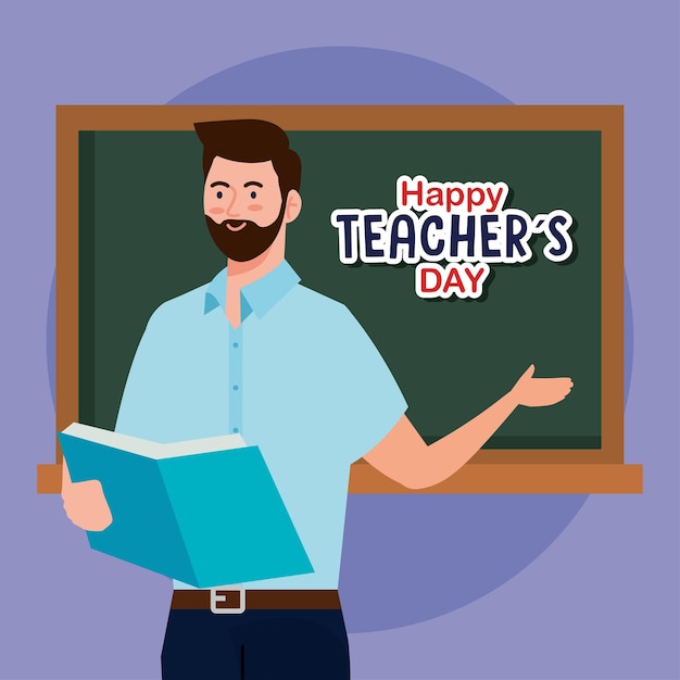 Mann lehrer mit buch und green board design, happy teachers day feier und bildungsthema
