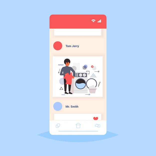 Mann macht hausarbeit kerl laden kleidung in waschmaschine reinigungsservice konzept smartphone bildschirm online mobile app in voller länge skizze