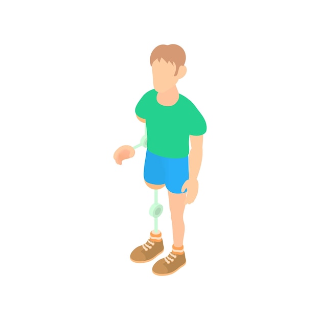 Mann mit Bein- und Armprothese im Cartoon-Stil auf weißem Hintergrund