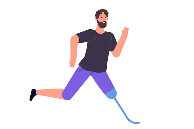 Mann mit beinprothesen läuft. behinderte menschen mit behinderungen und prothesen. charakter mit einem bionischen fuß. vektorgrafik im flachen stil.