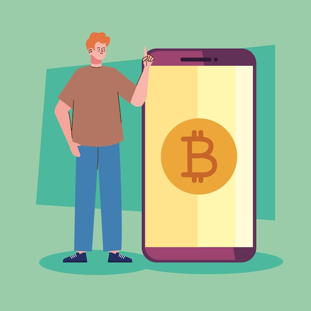 Mann mit bitcoin im smartphone