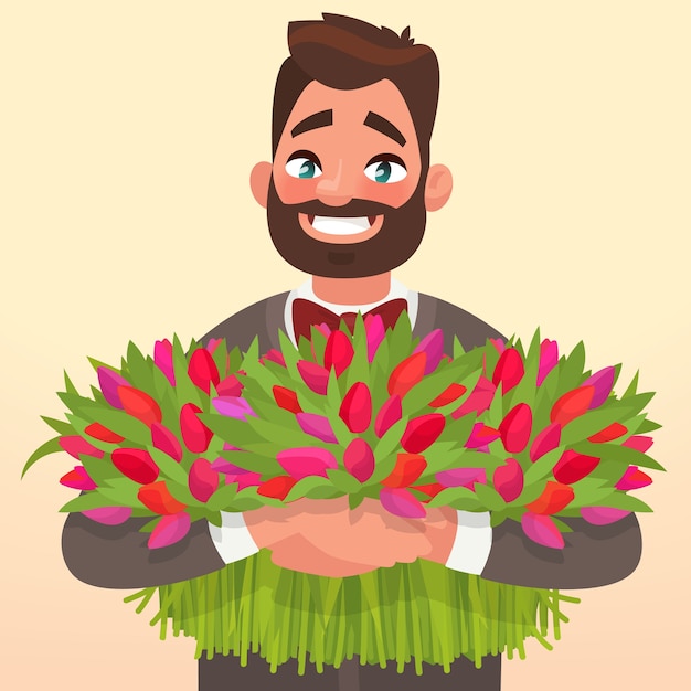 Mann mit Blumen, Geschenk. Valentinstag Illustration