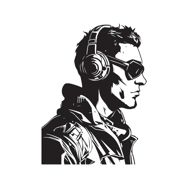 Mann mit Cyberpunk-Headset, Vintage-Logo, Strichzeichnungen, Konzept, schwarz-weiße, handgezeichnete Illustration