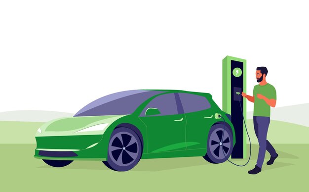 Vektor mann mit elektroauto auf ladestation mit grüner skyline batterie ev-fahrzeug