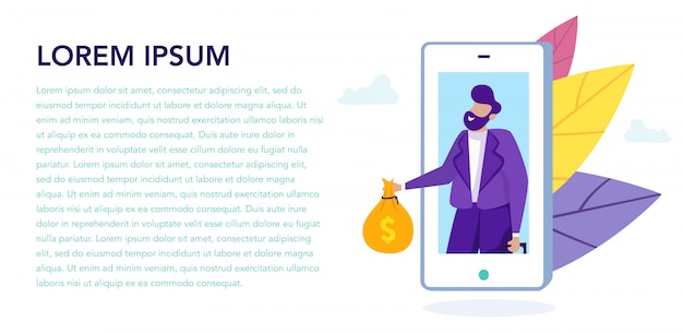 Mann mit geld auf smartphone-bildschirm. online-ausleihe.