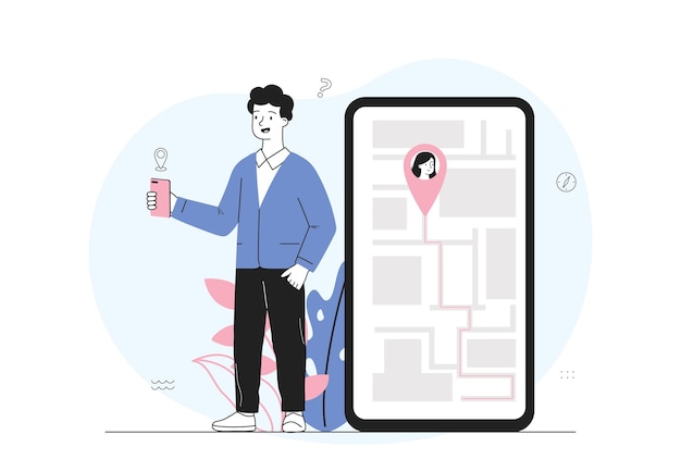 Mann mit GPS-Location Junger Mann in der Nähe von Smartphone mit GPS-Markierung auf der Karte Navigation und Geolokalisierung Anwendung für Touristen und Reisende Reisen und Tourismus Linear-Vektor-Illustration