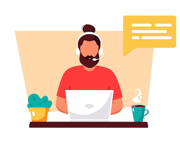 Mann mit Kopfhörern, Kundendienst, Assistent, Support, Call-Center-Konzept