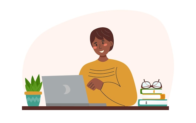 Mann mit Laptop Online-Ausbildung oder Online-Arbeitskonzept Handgezeichnete Illustration im flachen Stil
