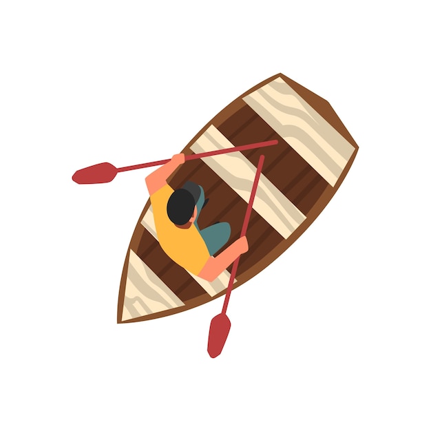 Mann mit Mütze sitzt in einem Holzboot Top View Vektorillustration auf weißem Hintergrund