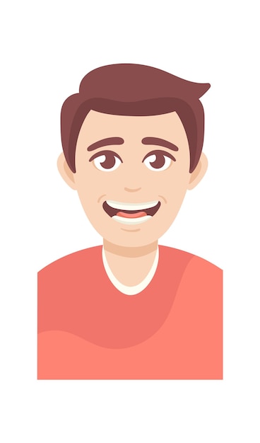 Mann mit offenem mund. cartoon-charakter-junge glücklicher gesichtsausdruck, schelmisches gesicht des lächelns, männliches jugendporträt, vektorillustration