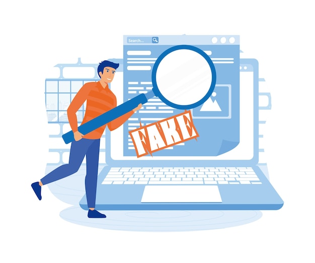 Mann mit Vergrößerungsglas überprüft Fake-Nachrichten auf der Website auf Computer Flachvektor moderne Illustration